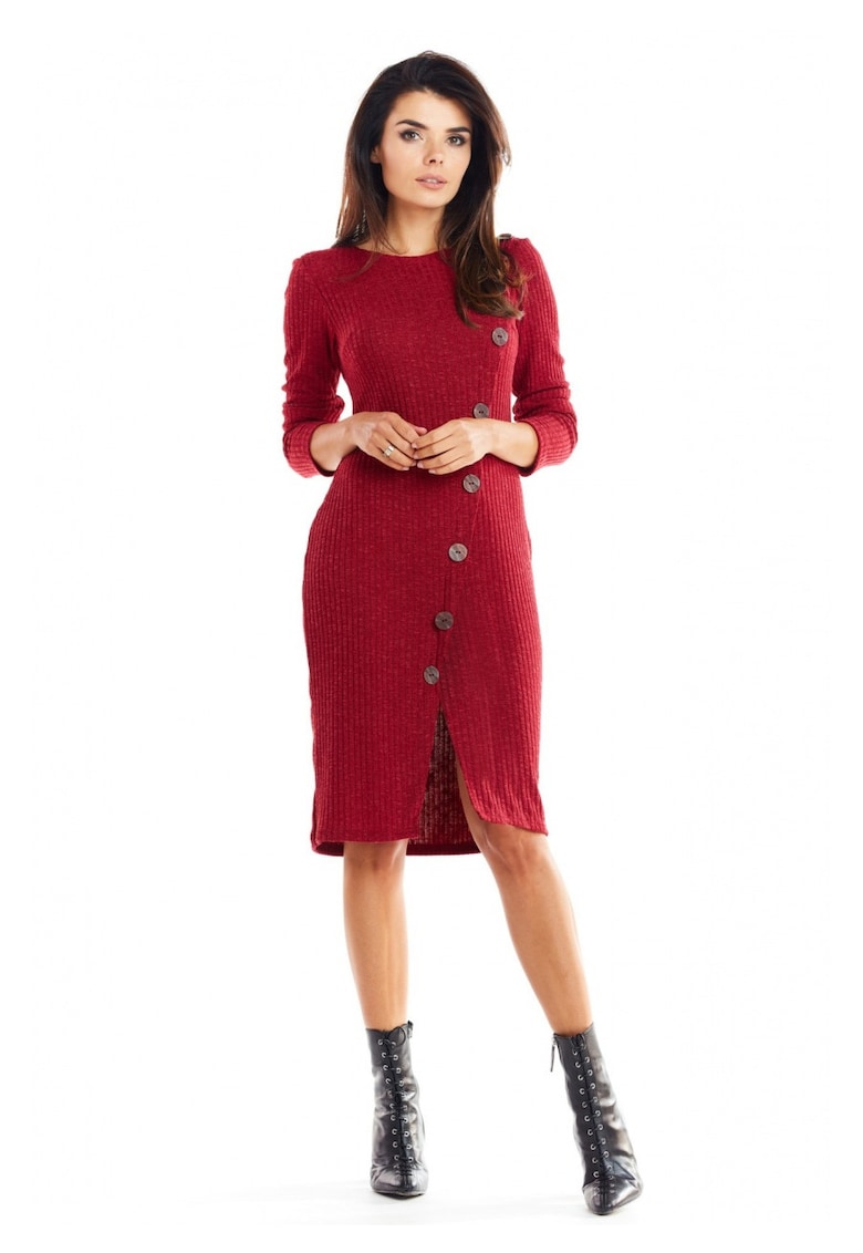 Rochie De Dama - Model Tricotat Cu Nasturi Asimetrici - Marimea S - Bordo - 65% Vascoza 32% Poliester 3% Spandex - Rochie Midi Cu Maneca 3/4 Si Slit - Rochii Elegante Office - Croiala Mulata Foarte Confortabila - Fabricata In Polonia - Design Luxos