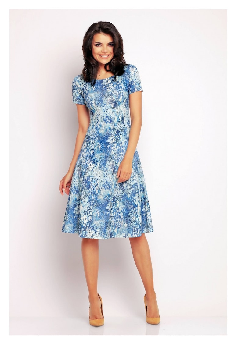 Rochie De Dama - Model Evazat Tricotat - Albastru - 95% Poliester 5% Elastan - Rochie Midi Cu Maneca Scurta - Rochii Elegante De Zi - Tinuta Office Casual Pentru Femei - Croiala Clasica - Fabricata In Polonia - Fashion Foarte Confortabil - Albastru