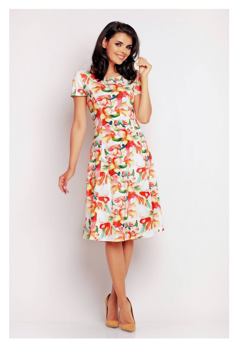 Rochie De Dama - Model Evazat Tricotat - Imprimeu Floral Portocaliu - 95% Poliester 5% Elastan - Rochie Midi Cu Maneca Scurta - Rochii Elegante De Zi - Tinuta Office Casual - Croiala Clasica - Fabricata In Polonia - Fashion Confortabil - Portocaliu