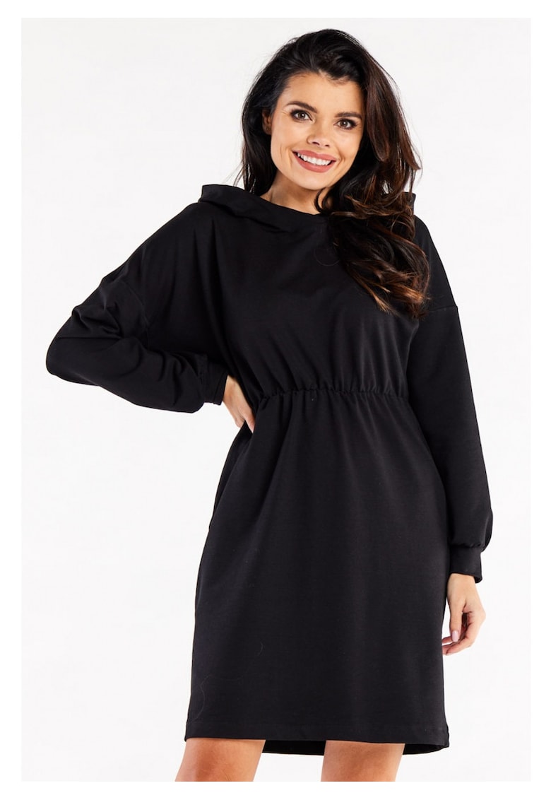 Rochie De Dama - Model Sport Tip Hanorac Cu Gluga Si Volan - Negru - 95% Bumbac 5% Elastan - Rochie Lejera Cu Maneci Incretite - Rochii Casual De Zi Pentru Femei - Tinuta Moderna Confortabila - Fabricata In Polonia - Design Fashion Urban - Negru