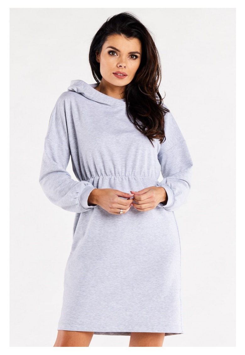 Rochie De Dama - Model Sport Tip Hanorac Cu Gluga Si Volan - Gri - 95% Bumbac 5% Elastan - Rochie Lejera Cu Maneci Incretite - Rochii Casual De Zi Pentru Femei - Tinuta Moderna Super Confortabila - Fabricata In Polonia - Fashion Urban - Gri