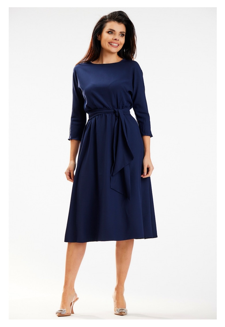 Rochie De Dama - Model Asimetric Cu Talie Marcata - Cappuccino - 96% Poliester 4% Elastan - Rochie Midi Eleganta - Croiala Fluida Cu Slit - Tinuta Luxoasa Casual Si De Seara - Super Confortabila - Fabricata In Polonia - Design Fashion - Albastru inchis