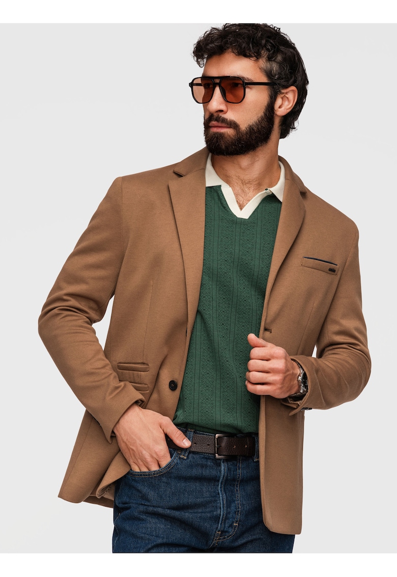Sacou Barbati - Croiala Slim - Material Tricotat cu Bumbac - Maro deschis