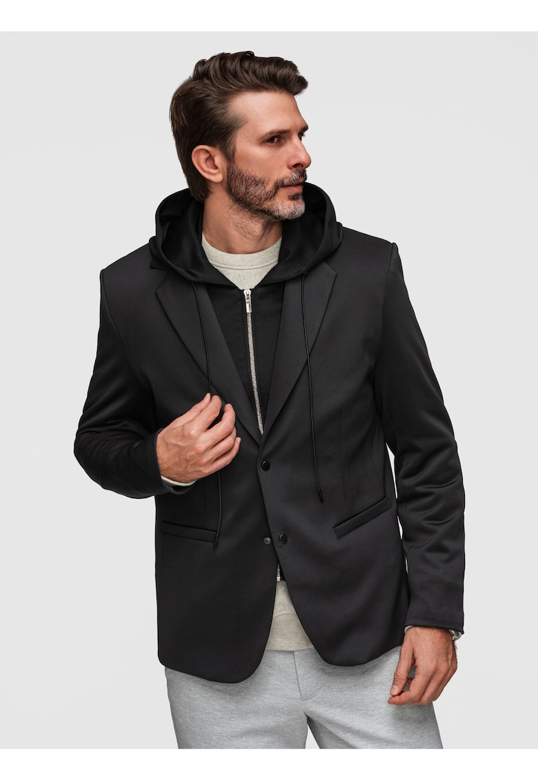Sacou Barbati Elegant cu Gluga Ajustabila si Inchidere cu Capse - Negru