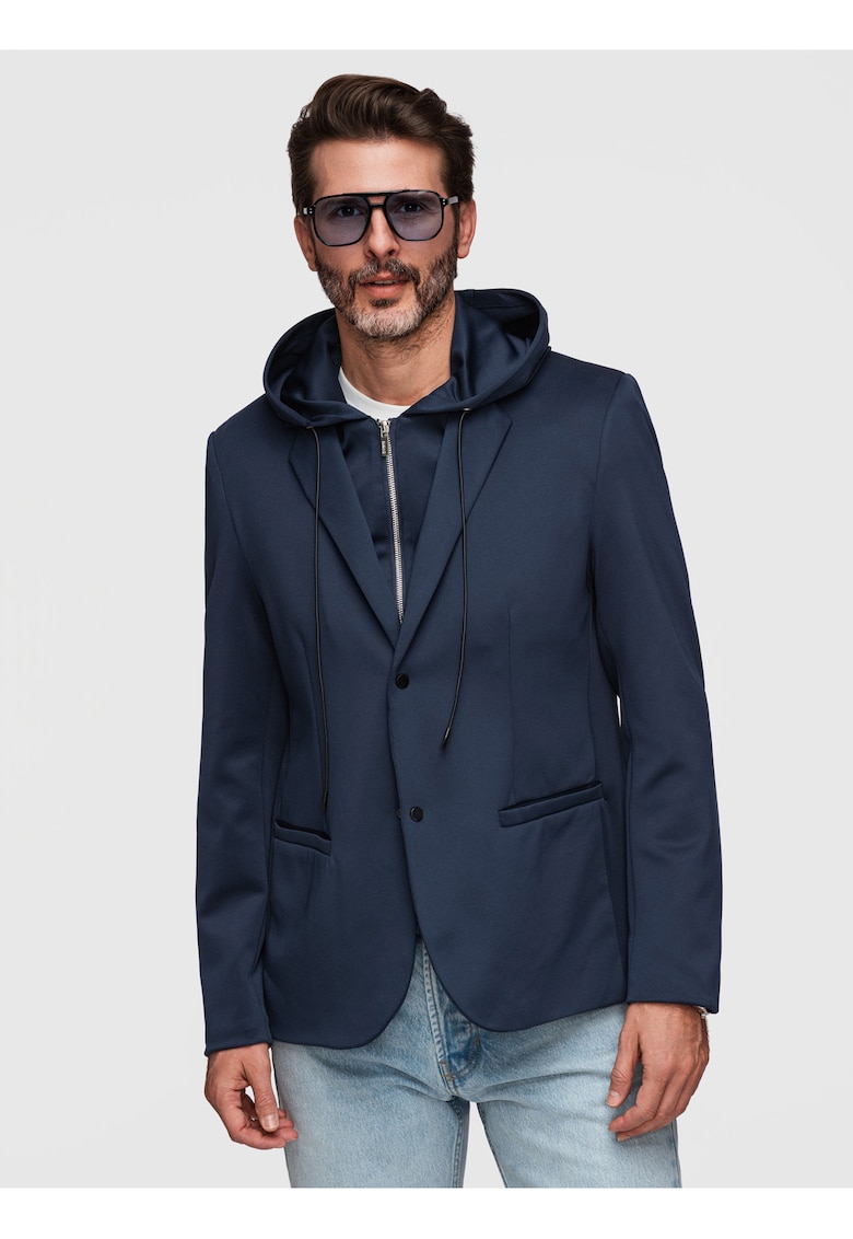 Sacou Barbati Elegant cu Gluga Ajustabila si Inchidere cu Capse - Bleumarin