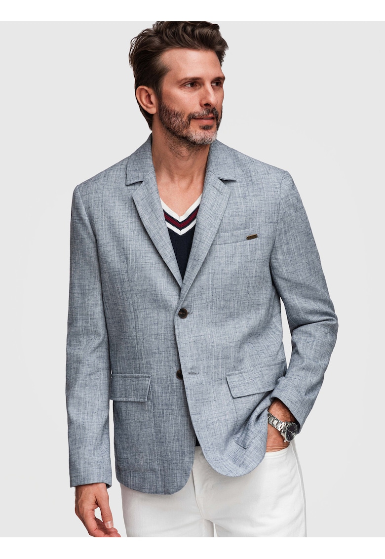 Sacou Barbati Elegant Texturat Regular Fit cu Nasturi Contrastanti - Albastru deschis