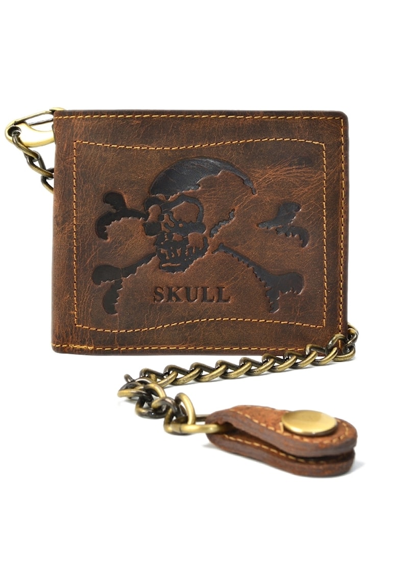 Portofel barbati piele naturala maro antichizat 12 x 10 x 3 cm - Skull Vintage -