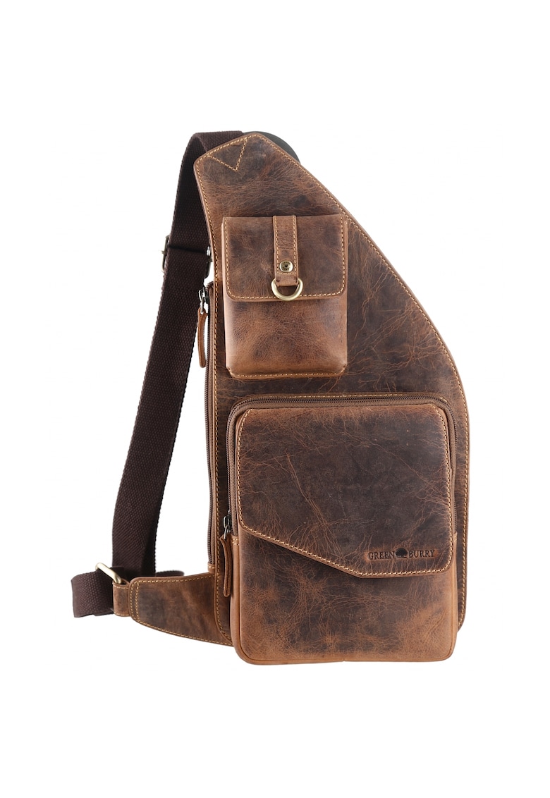 Rucsac crossbody unisex piele naturala maro antichizat 21 x 40 cm - Vintage -