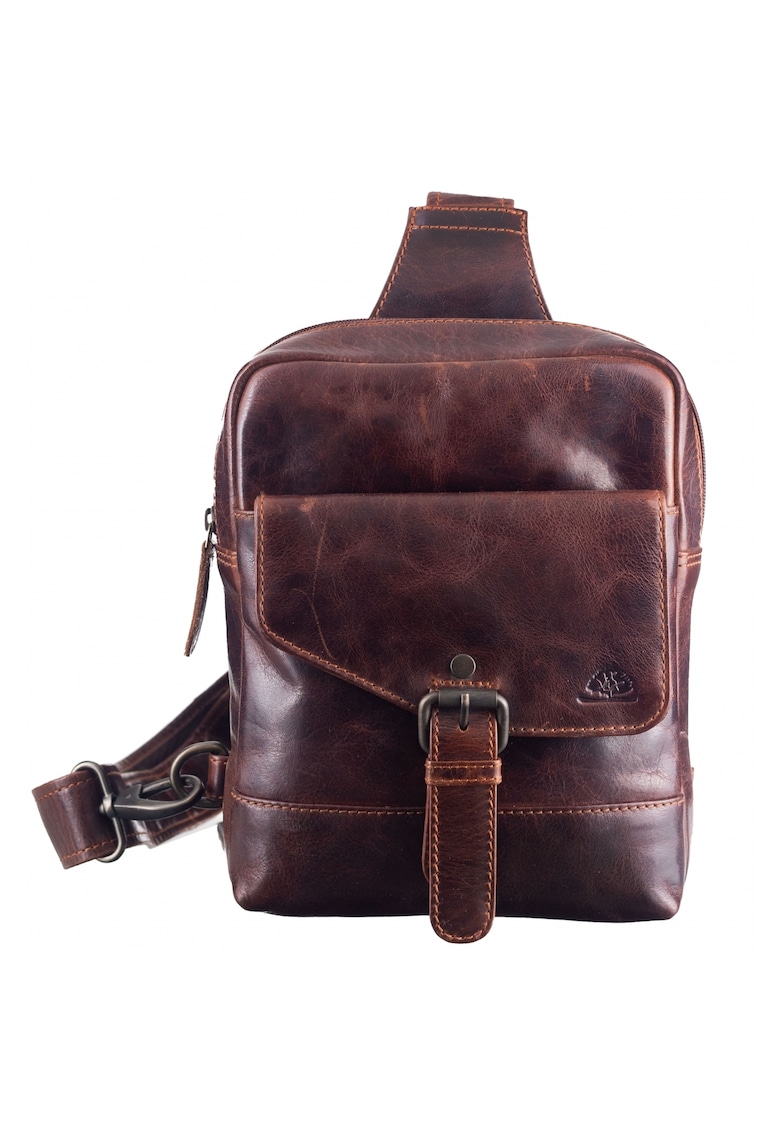 Rucsac crossbody unisex piele naturala teak brown 19 x 24 cm - Rugged -