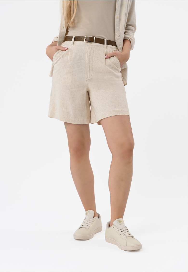 Pantaloni scurti dama din amestec de viscoza si in - cu cordon - croiala lejera - buzunare frontale - P-Elys - bej - Bej