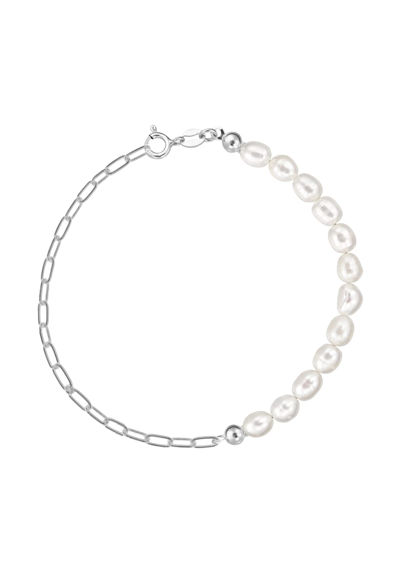 Bratara argint 925 cu perle de cultura albe 6mm - tip bob de orez + lant paperclip - Paperclip S