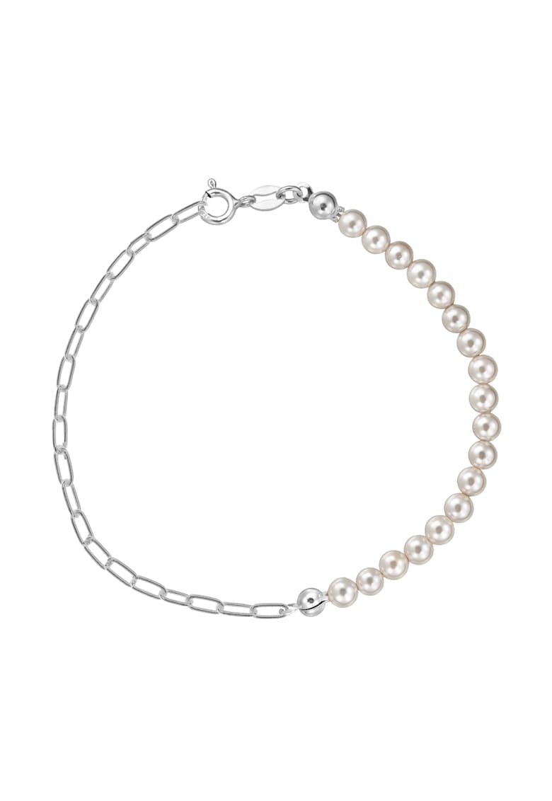 Bratara argint 925 cu perle naturale 4mm + lant paperclip - inchizatoare clasica - Alb | Bej