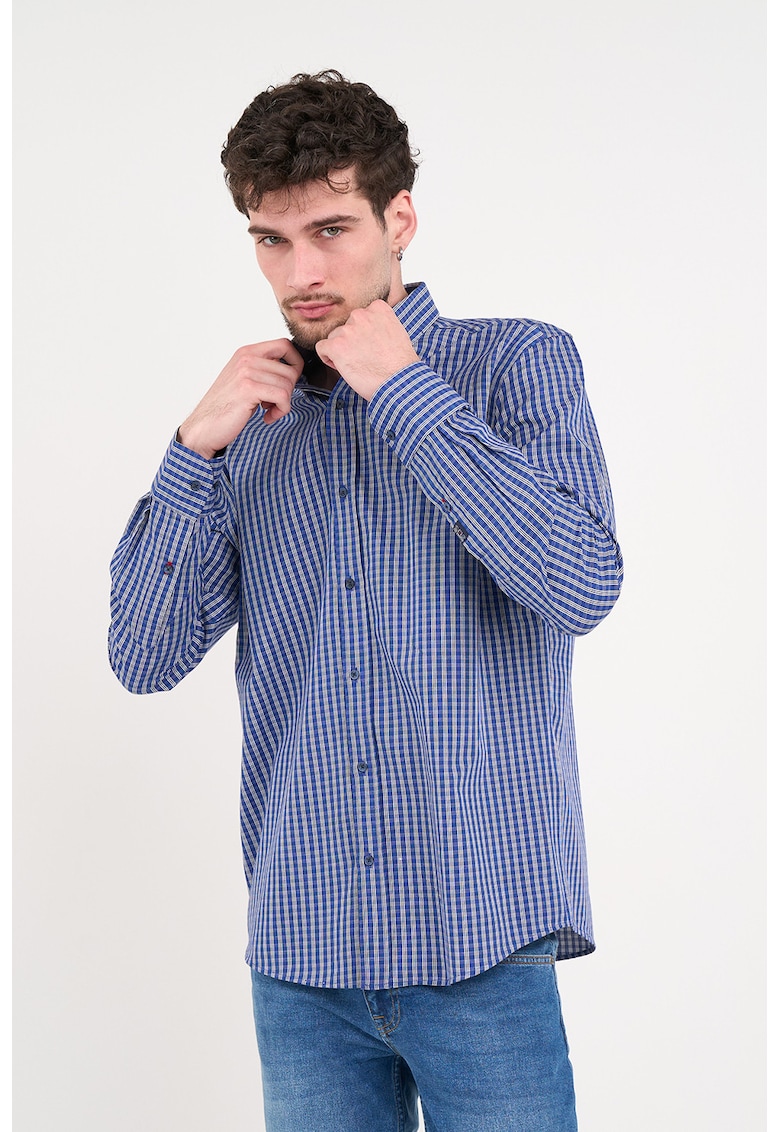 Camasa cu model in carouri si guler fixat cu nasturi - Alb/Bleumarin