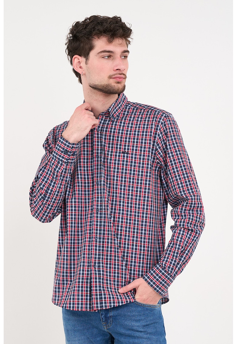 Camasa din bumbac cu model in carouri si guler fixat cu nasturi - Rosu/Bleumarin
