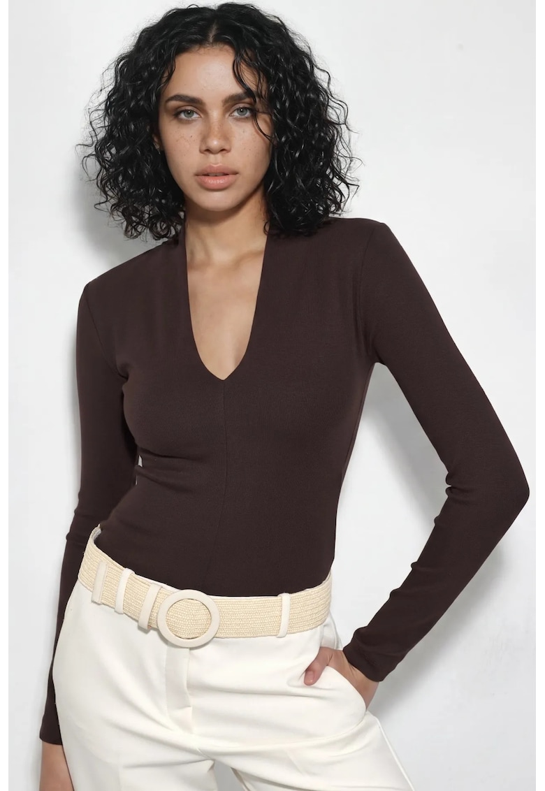Bluza dama - Maro - Bumbac/Elastan - Decolteu in V - Slim fit