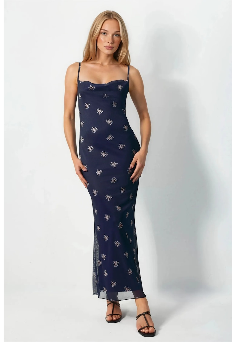 Rochie Maxi - model Floral - Albastru marin - poliester