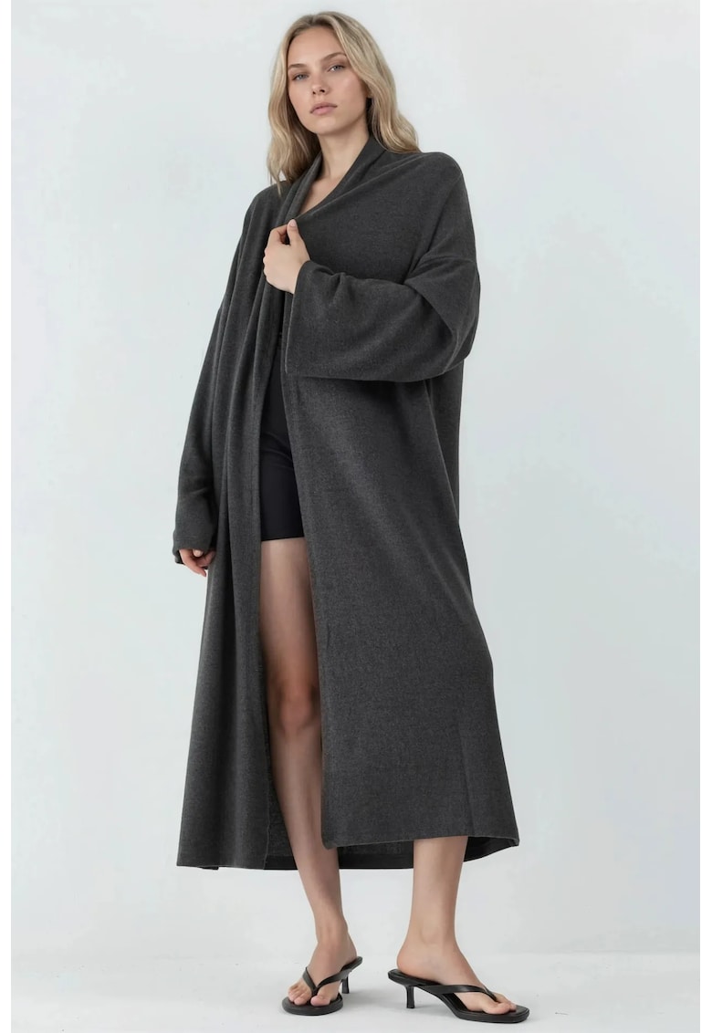 Cardigan lung - cu guler sal - gri inchis - tricotaj moale - croiala lejera -