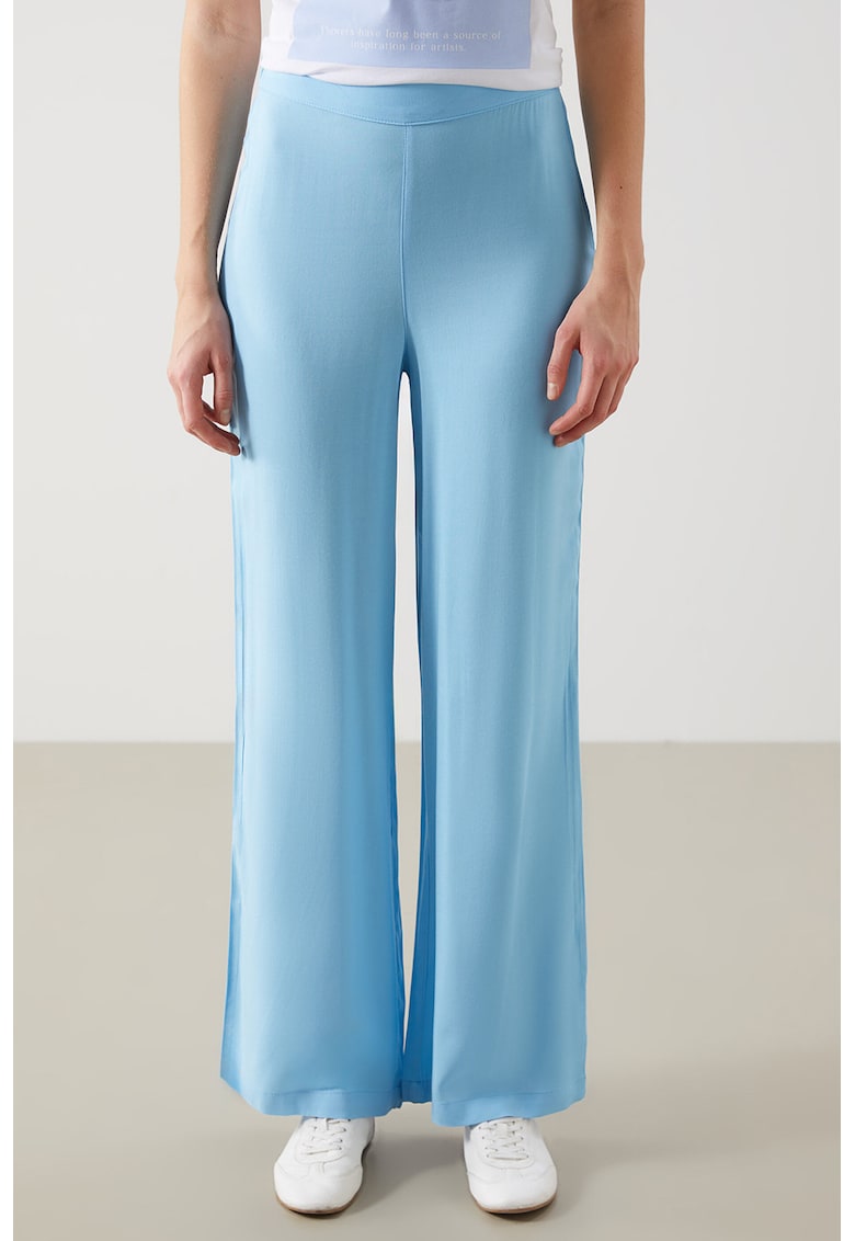 Pantaloni vaporosi cu talie inalta si croiala ampla - Albastru pastel