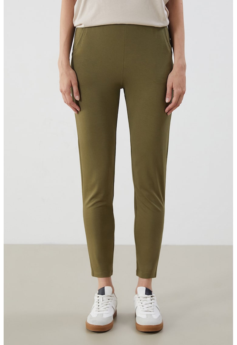 Pantaloni crop cu croiala slim-fit si talie elastica - Verde masliniu inchis