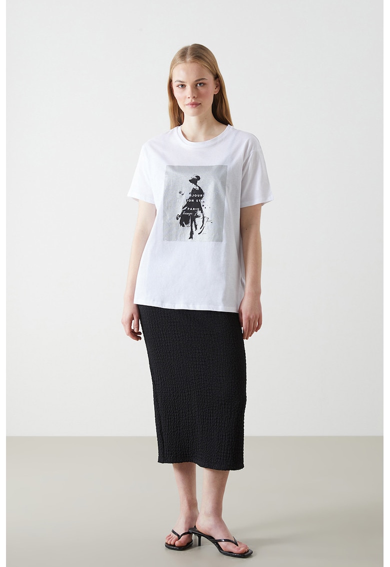 Tricou cu decolteu rotund si imprimeu - Alb/Negru