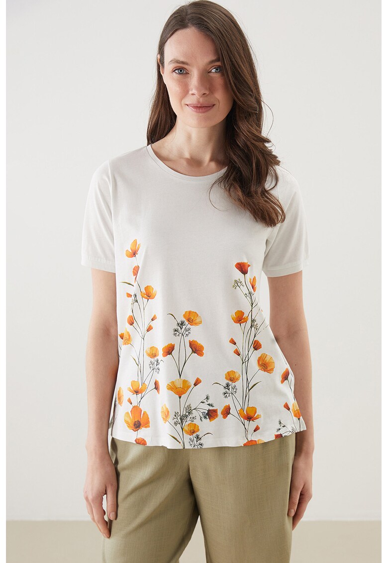 Tricou cu decolteu rotund si model - Alb/Portocaliu