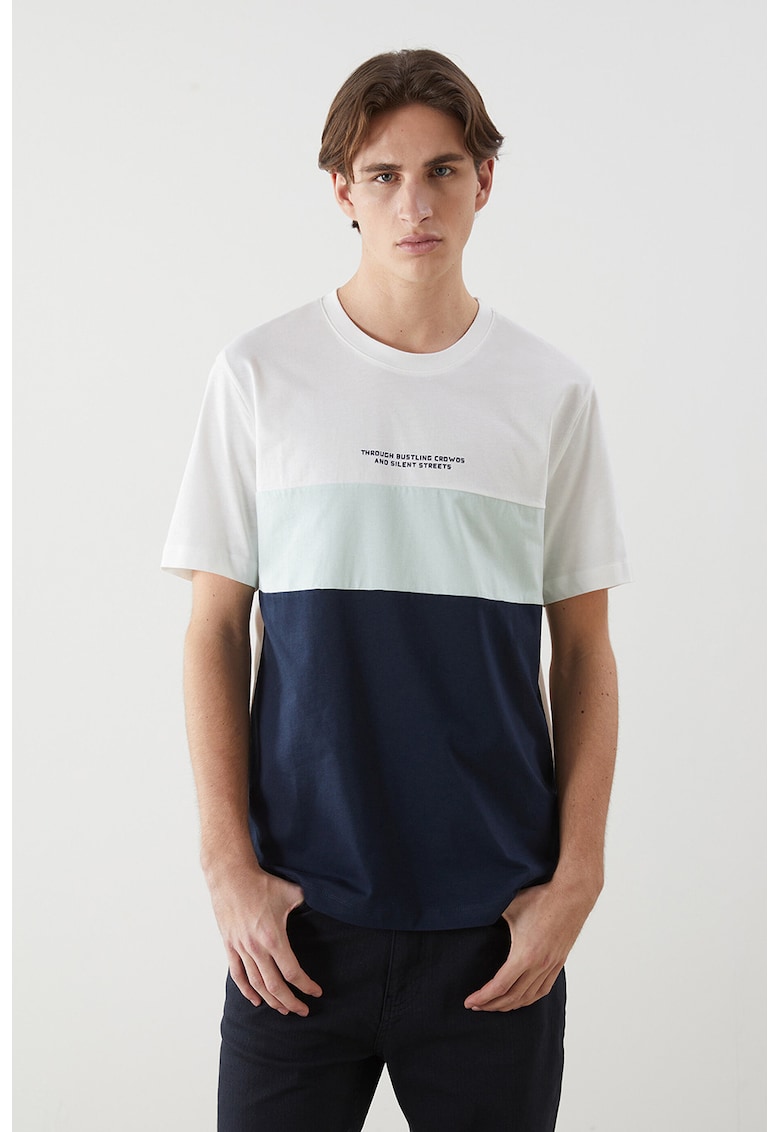 Tricou din bumbac cu decolteu la baza gatului - Alb/Bleumarin
