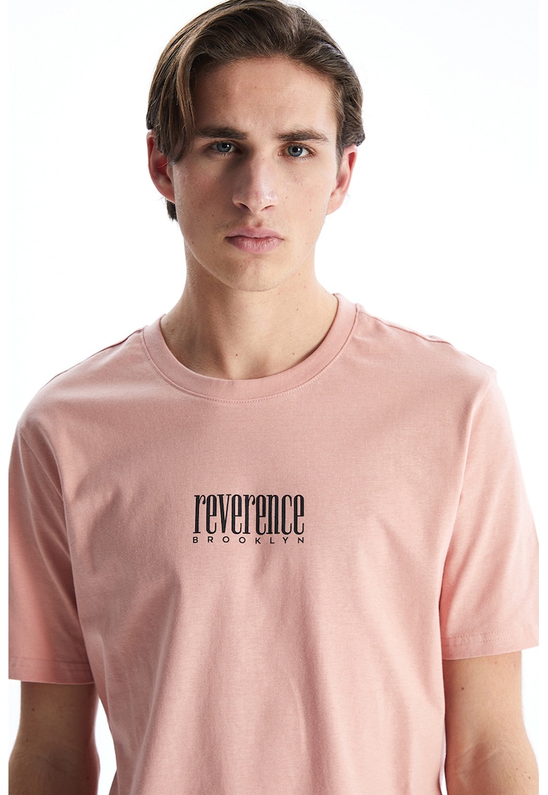 Tricou din bumbac cu imprimeu text - Roz somon