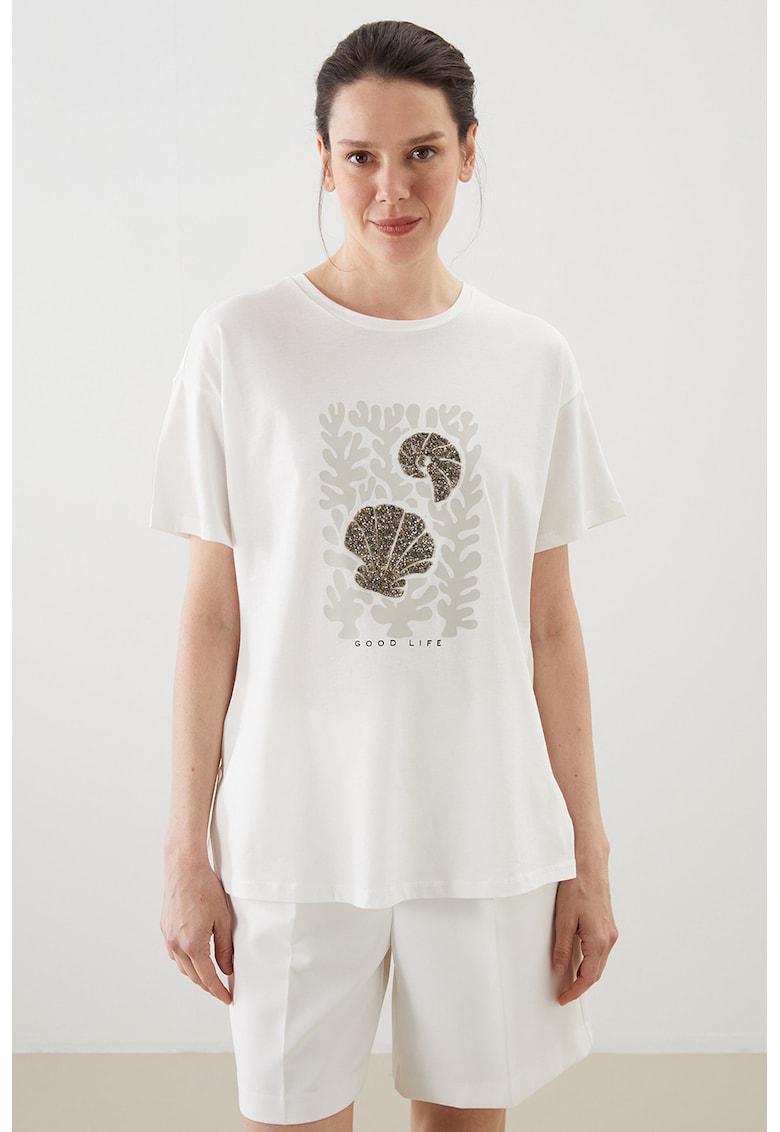 Tricou din bumbac cu maneci cazute - Alb