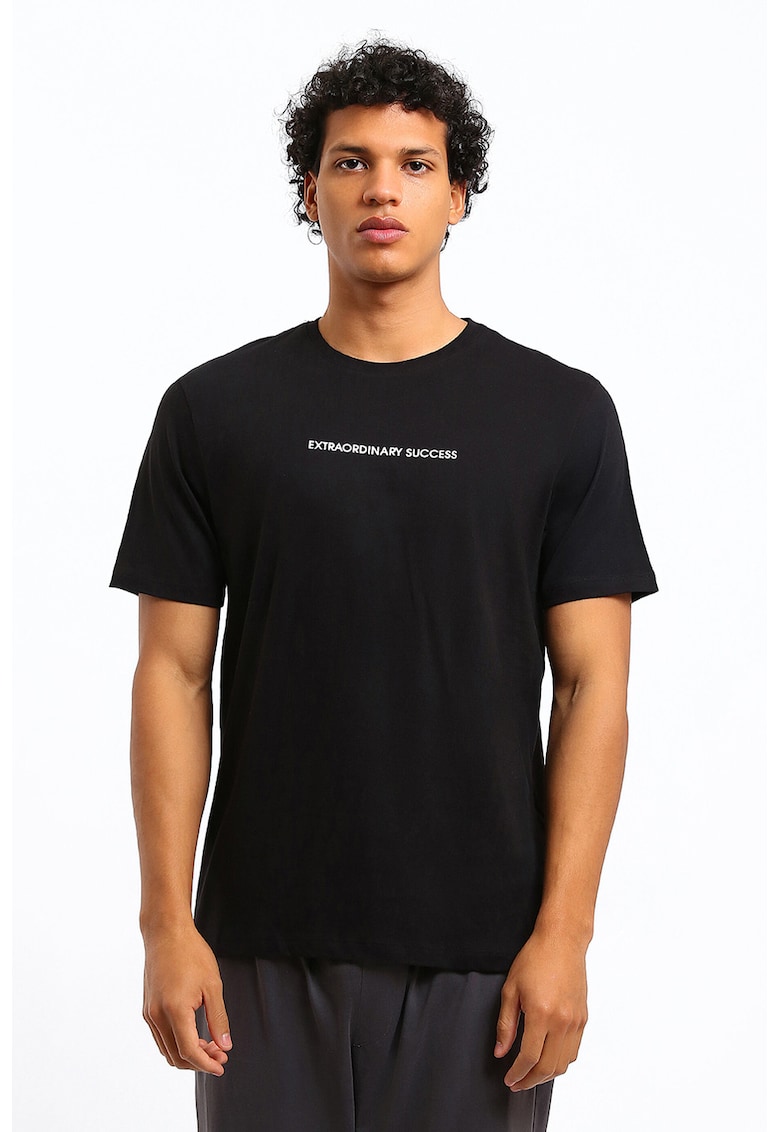 Tricou regular fit de bumbac cu imprimeu text discret - Negru
