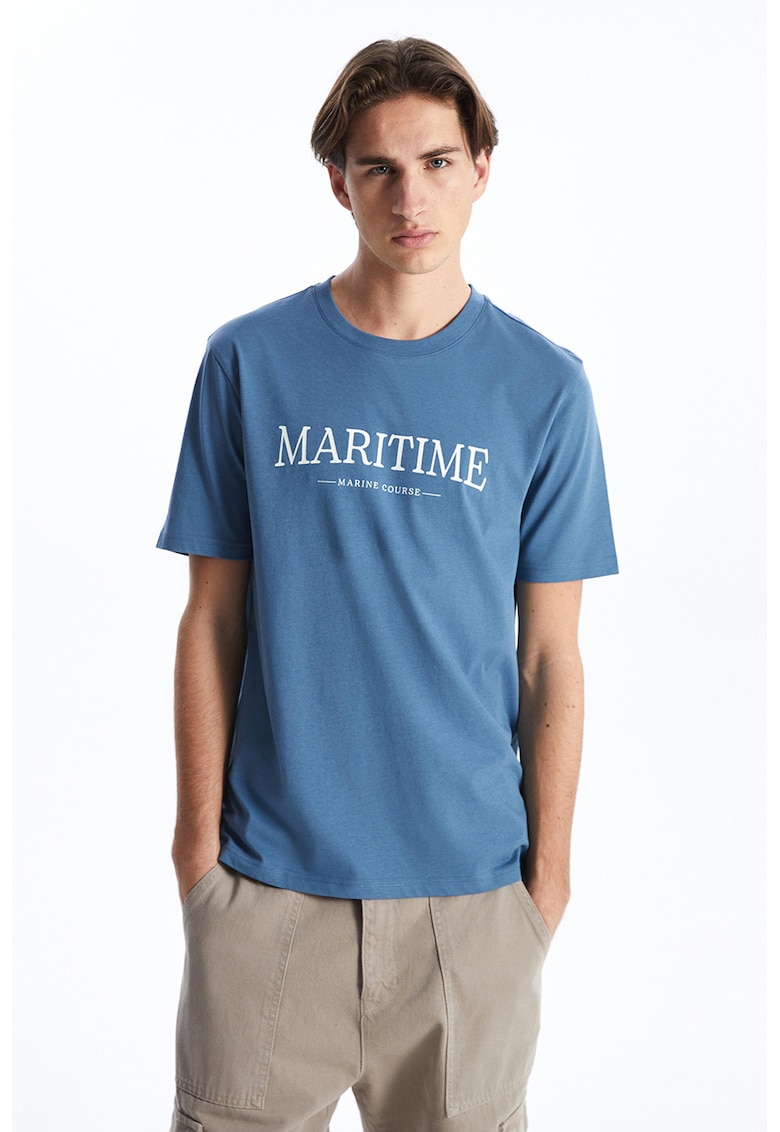 Tricou regular-fit cu imprimeu text pe piept - Albastru prafuit