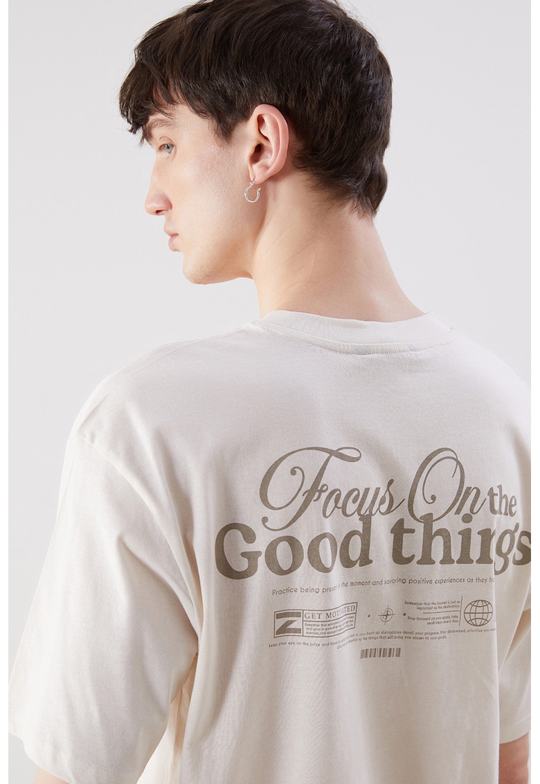 Tricou lejer din bumbac cu imprimeu pe partea din spate - Crem
