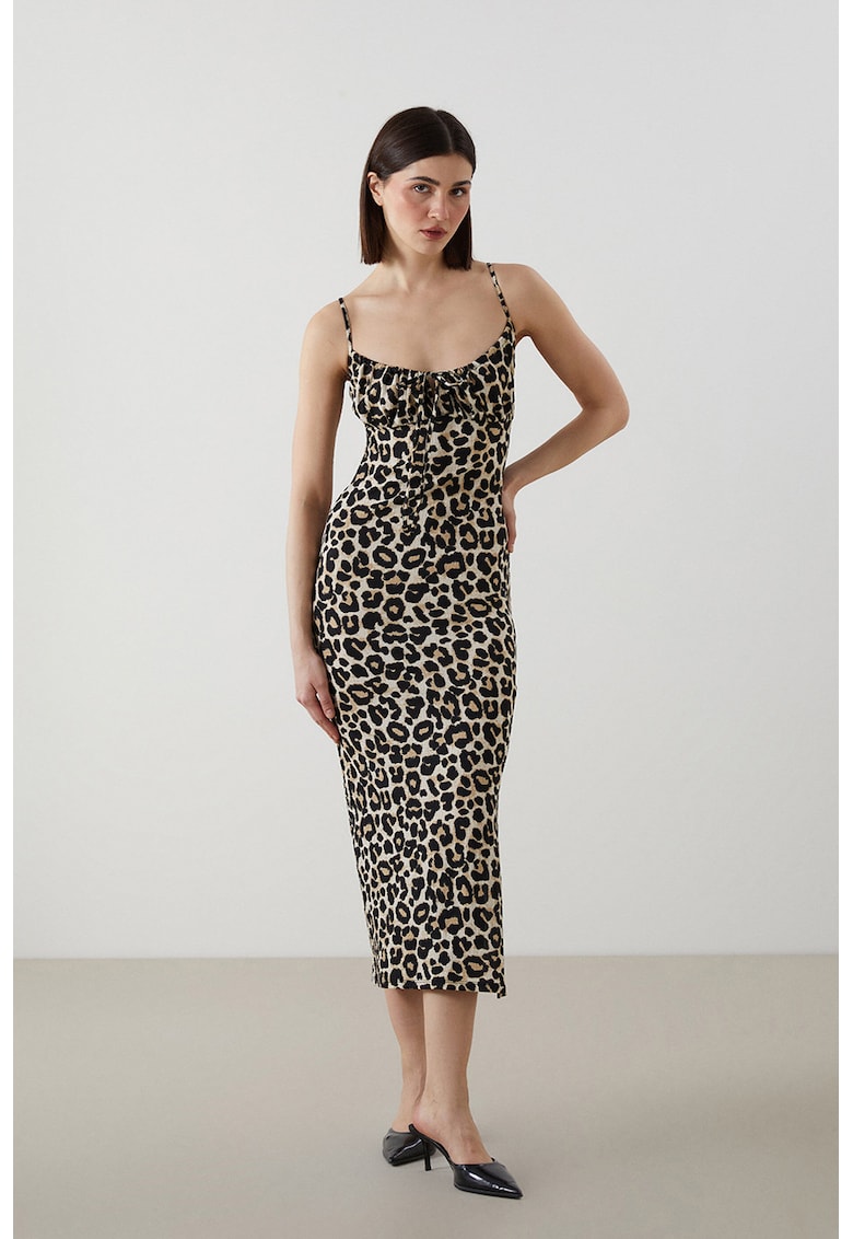 Rochie midi cu croiala cambrata si animal print - Maro inchis/Crem