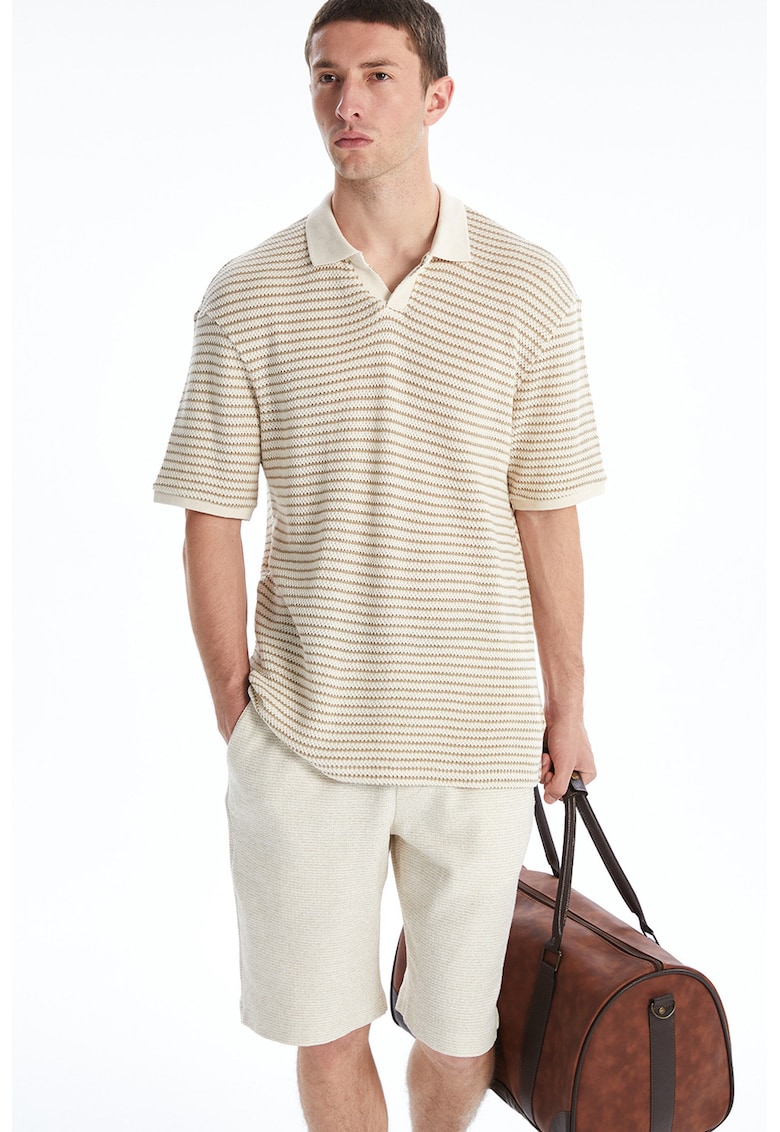Tricou polo cu croiala lejera si dungi - Alb/Bej