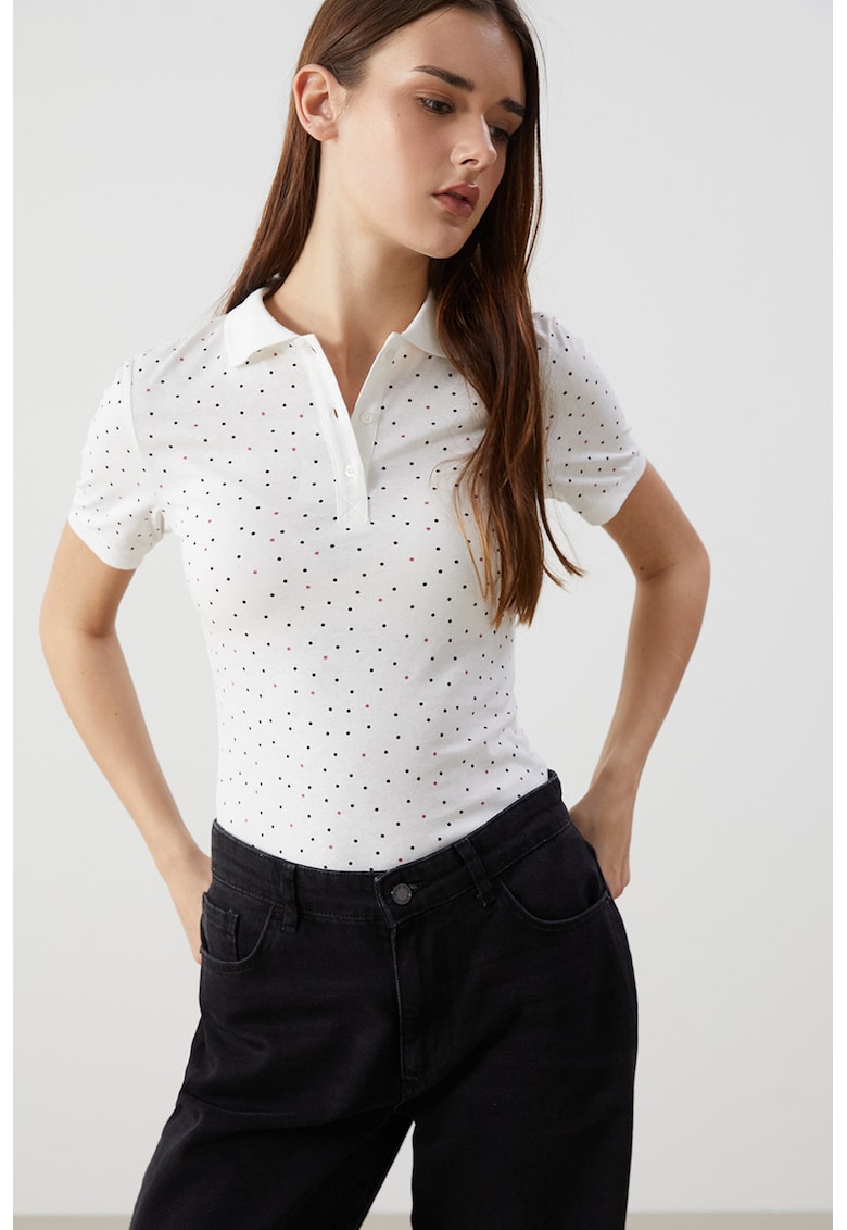 Tricou polo cu model floral - Alb
