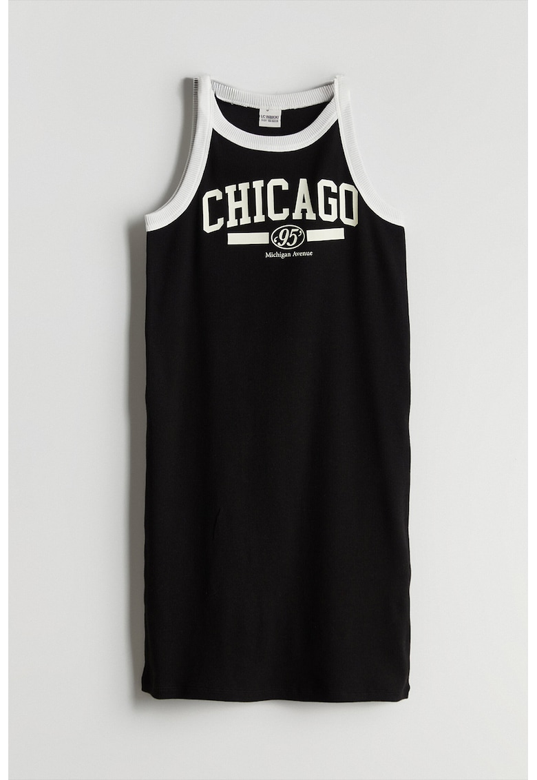 Rochie din amestec de bumbac cu imprimeu text - Negru