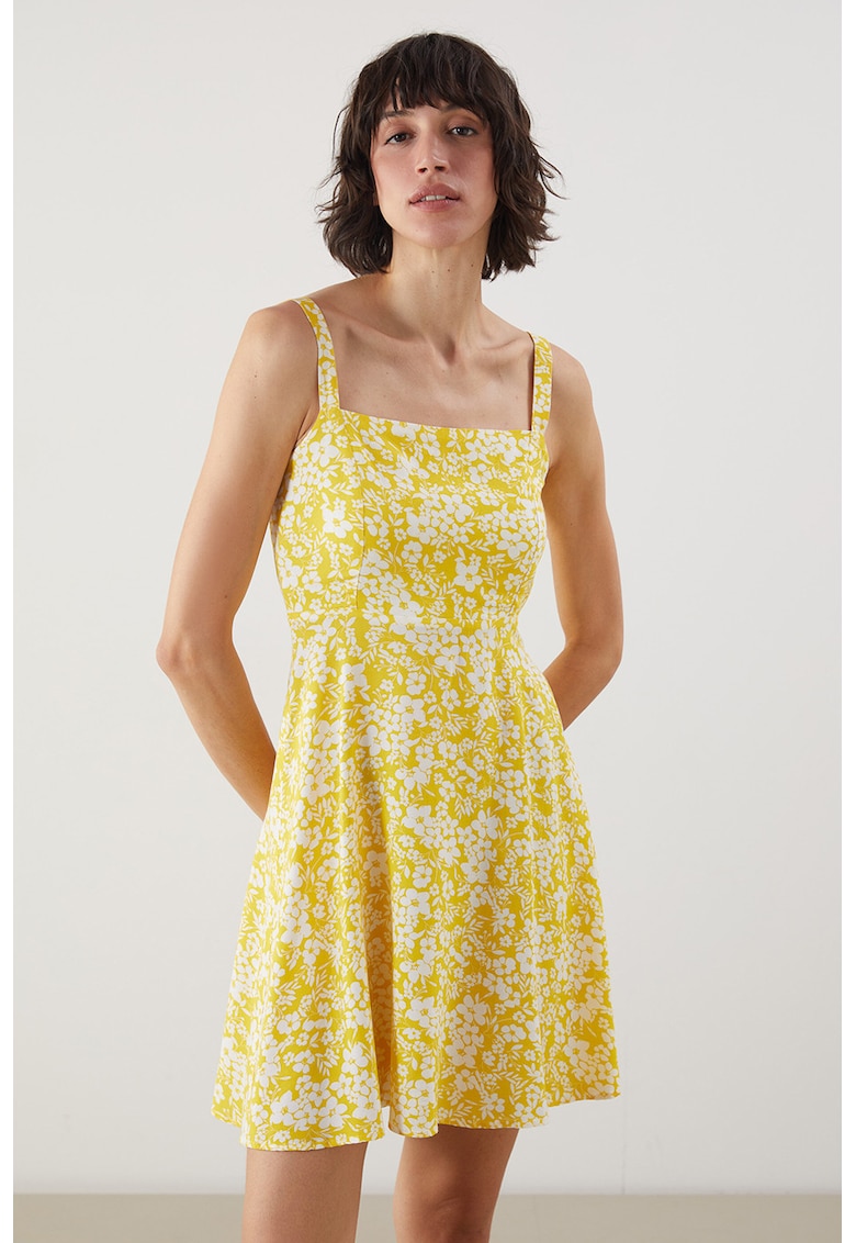Rochie cu decolteu patrat si imprimeu floral - Galben/Alb murdar