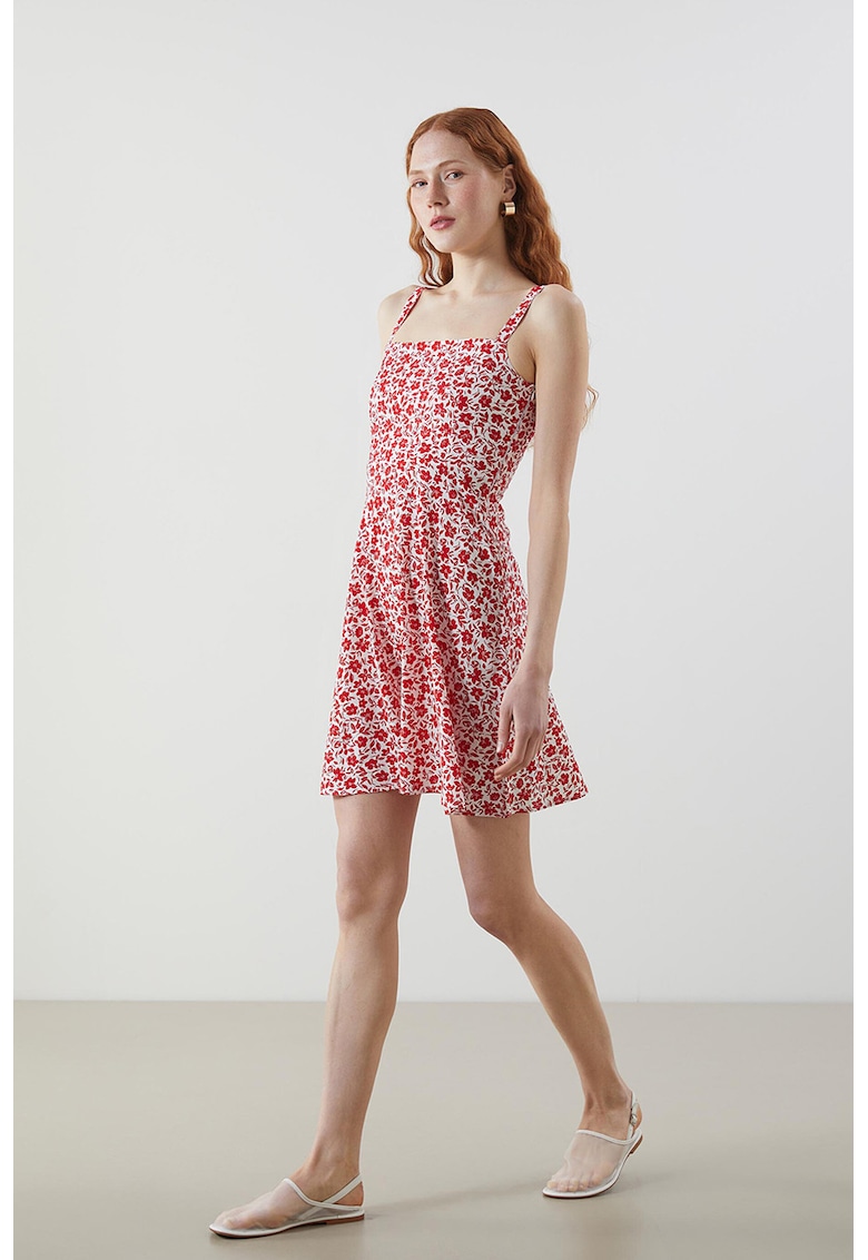 Rochie cu decolteu patrat si imprimeu floral - Rosu/Alb
