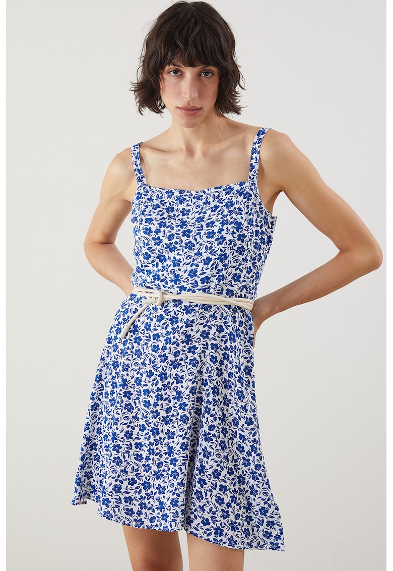 Rochie cu decolteu patrat si imprimeu floral - Alb/Albastru