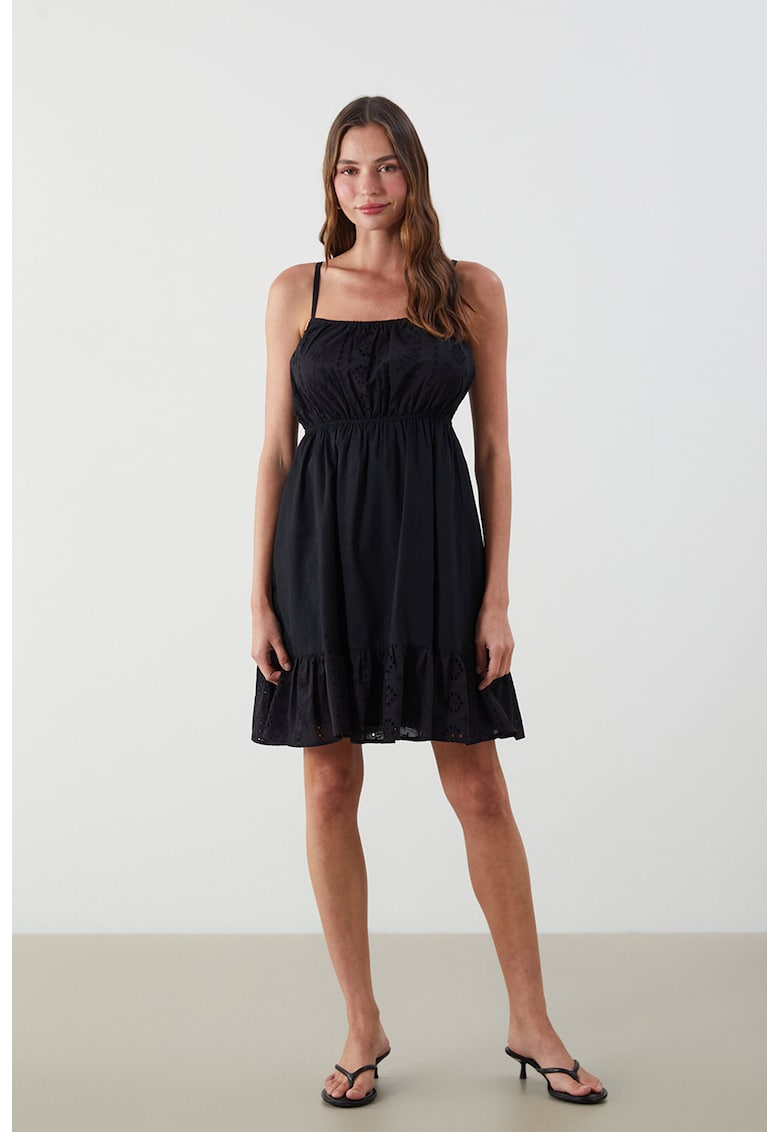 Rochie scurta cu broderie si bretele ajustabile - Negru