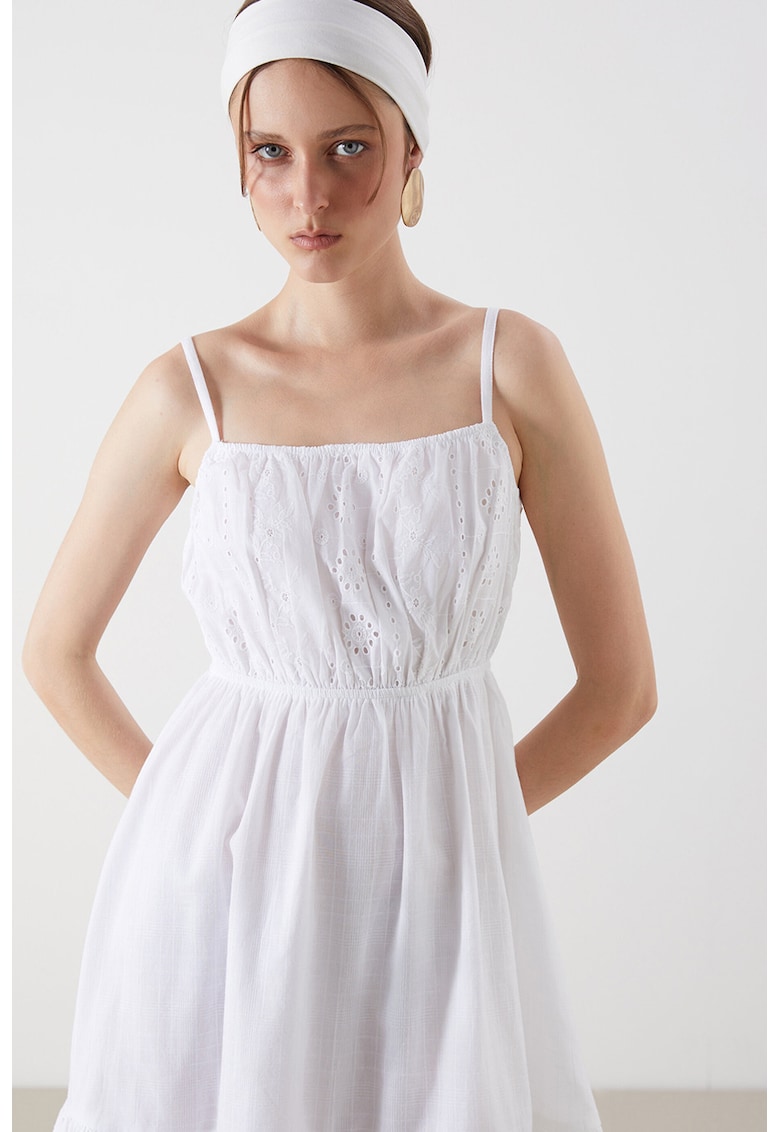 Rochie scurta cu broderie si bretele ajustabile - Alb