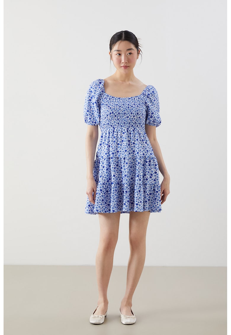 Rochie scurta cu model stratificat si imprimeu floral - Alb/Albastru royal