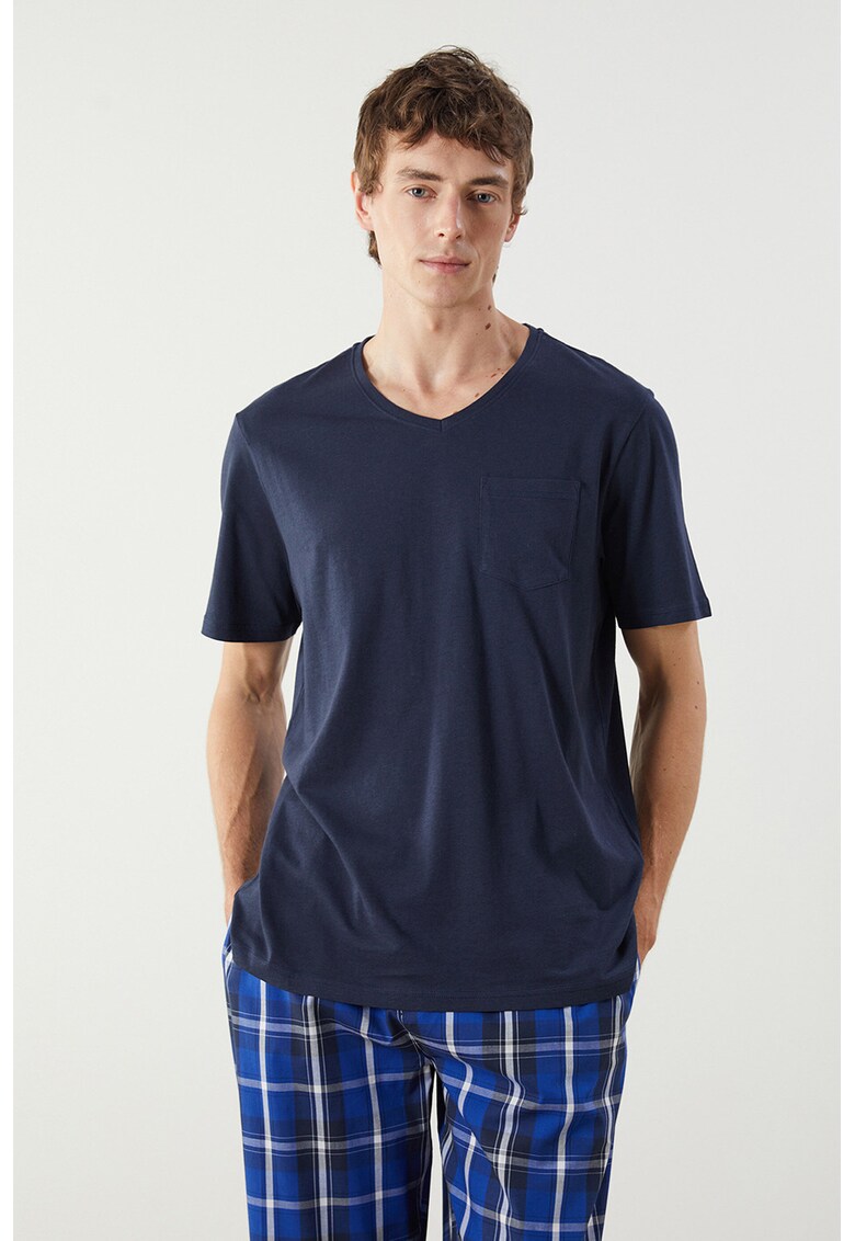 Pijama din bumbac cu pantaloni lungi si model in carouri - Albastru/Bleumarin
