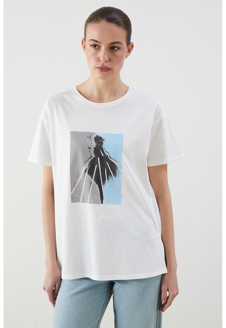 Tricou lejer din bumbac cu imprimeu grafic - Alb