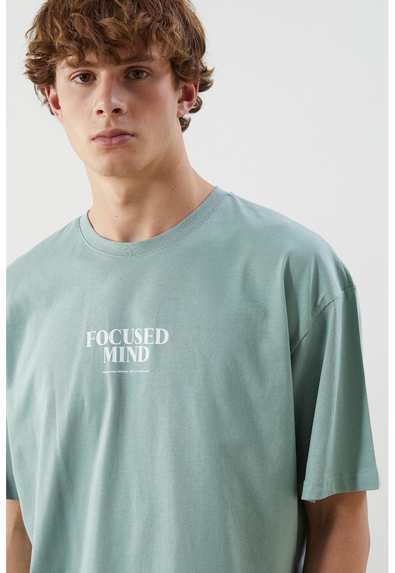 Tricou lejer din bumbac cu imprimeu text - Verde masliniu deschis