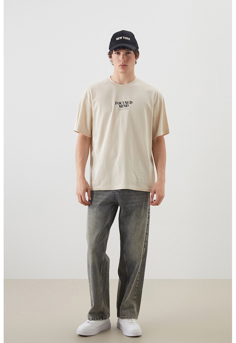 Tricou lejer din bumbac cu imprimeu text - Bej
