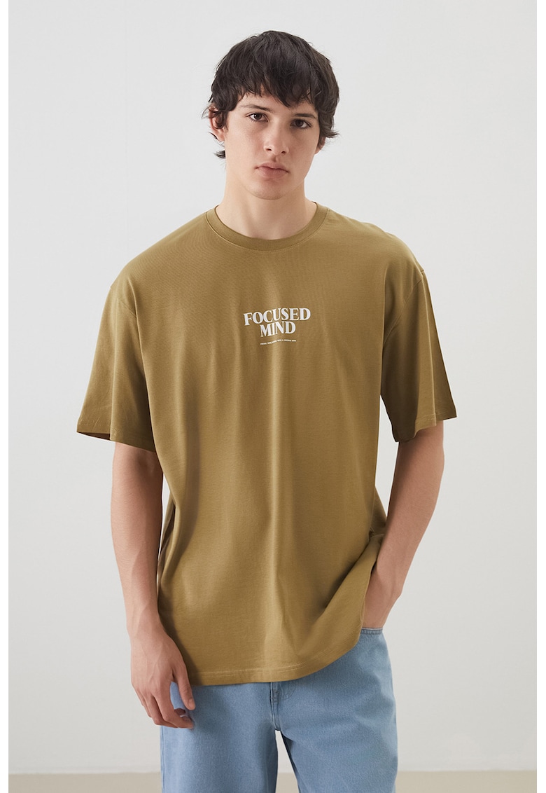 Tricou lejer din bumbac cu imprimeu text - Kaki