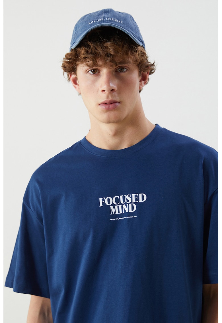 Tricou lejer din bumbac cu imprimeu text - Albastru indigo