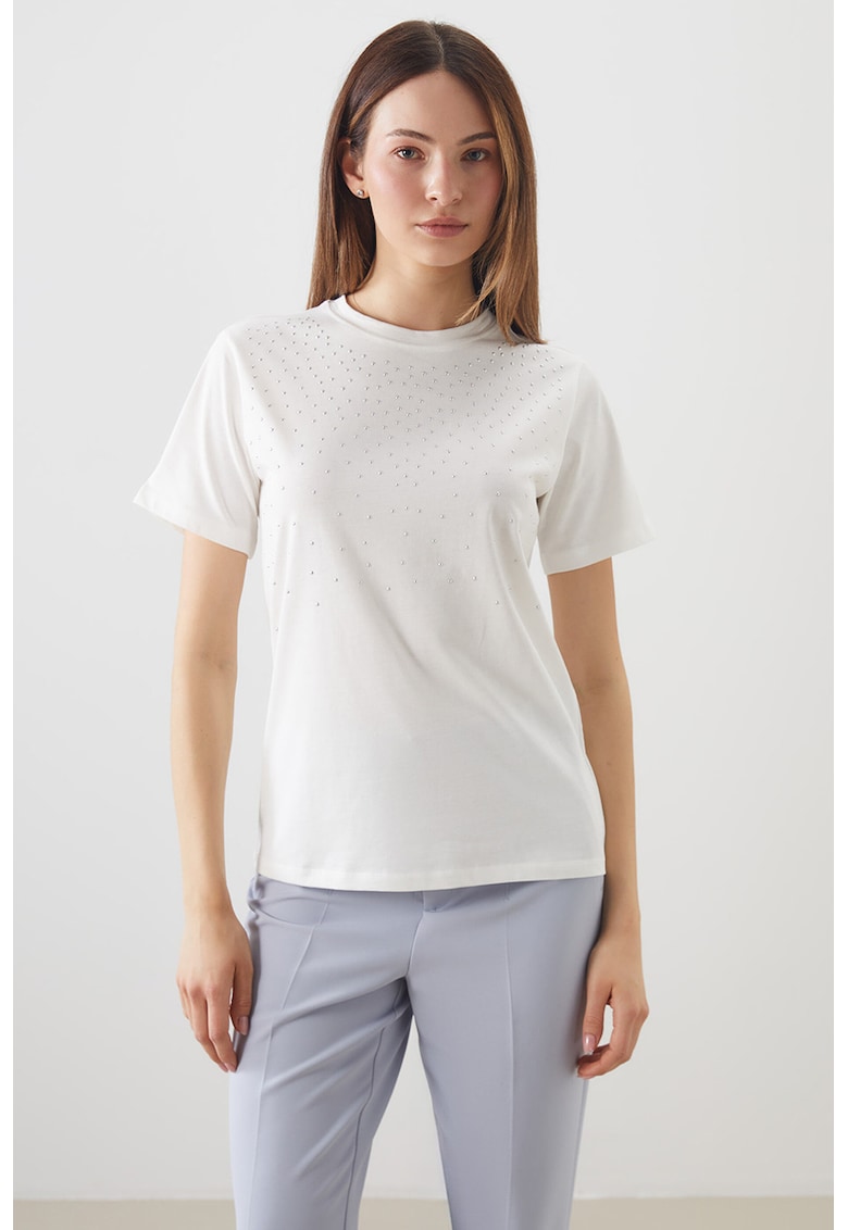 Tricou din bumbac cu aplicatii din strasuri - Alb