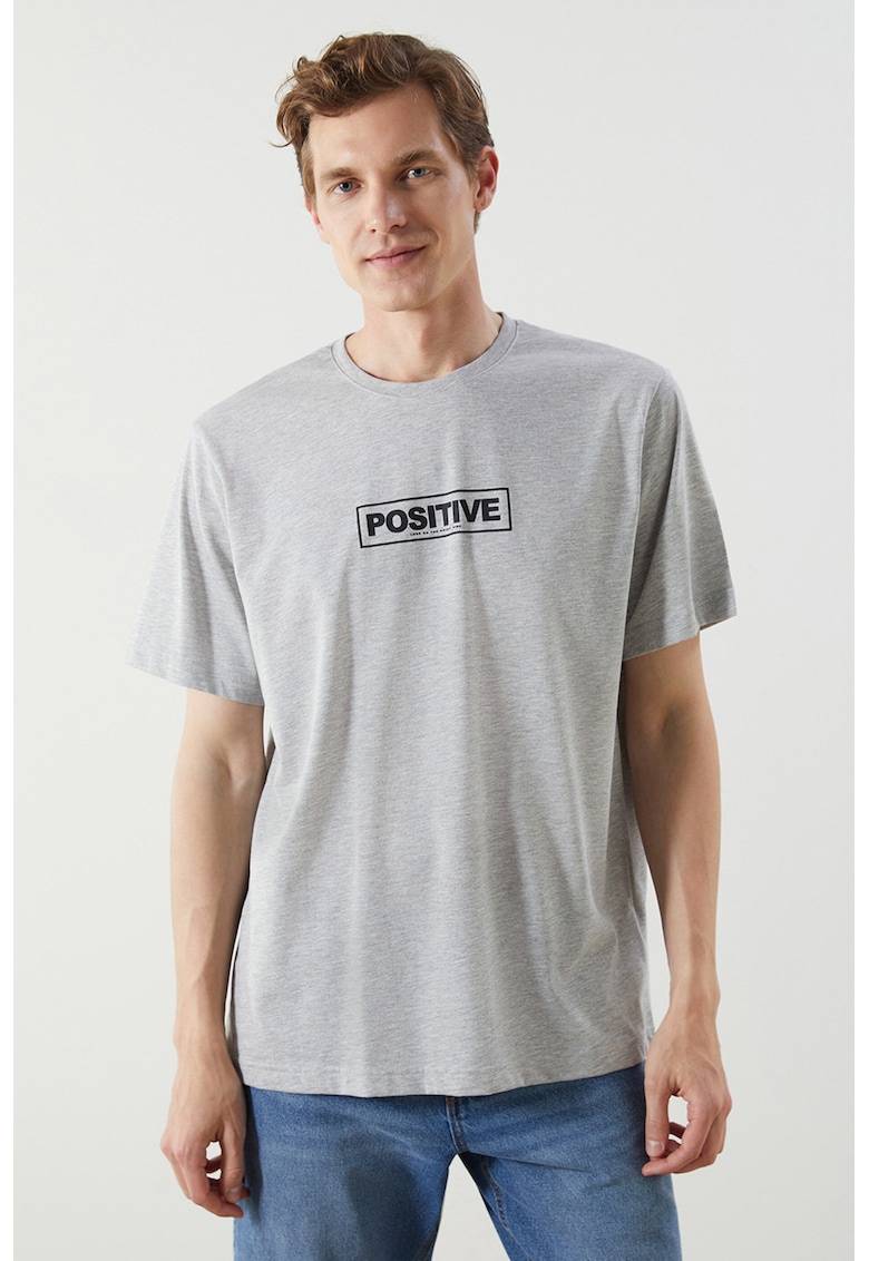Tricou din amestec de bumbac cu imprimeu text - Gri deschis melange