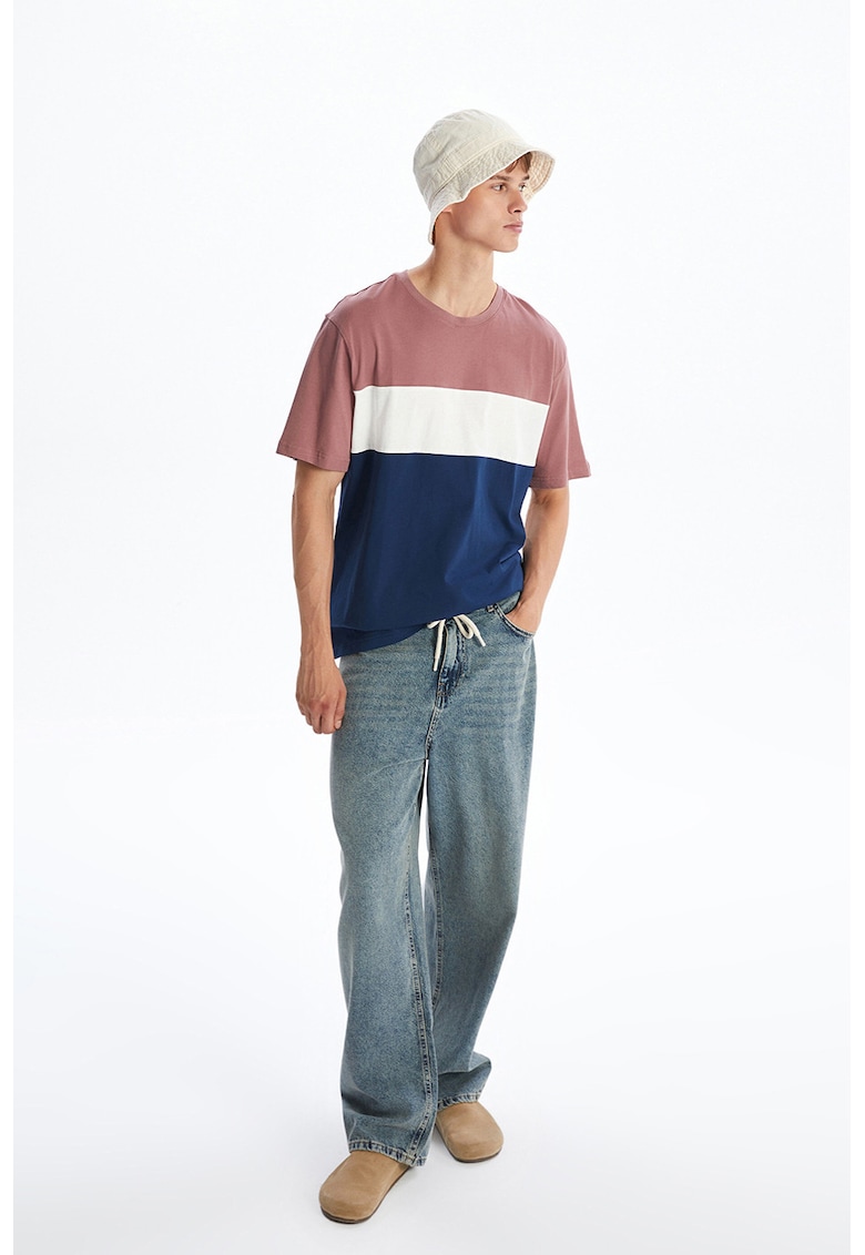 Tricou din bumbac cu dungi - Roz prafuit/Bleumarin